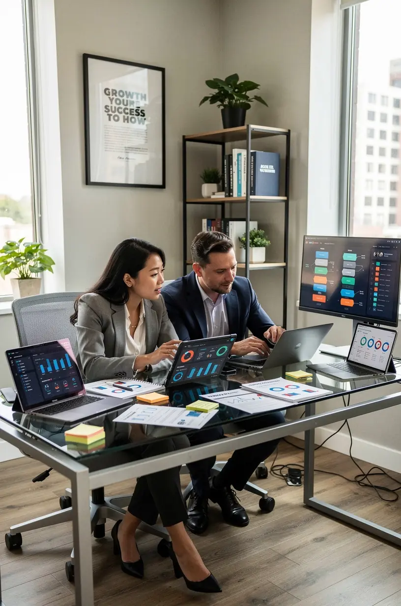 Freelancers collaborating on SEO strategies in office space.