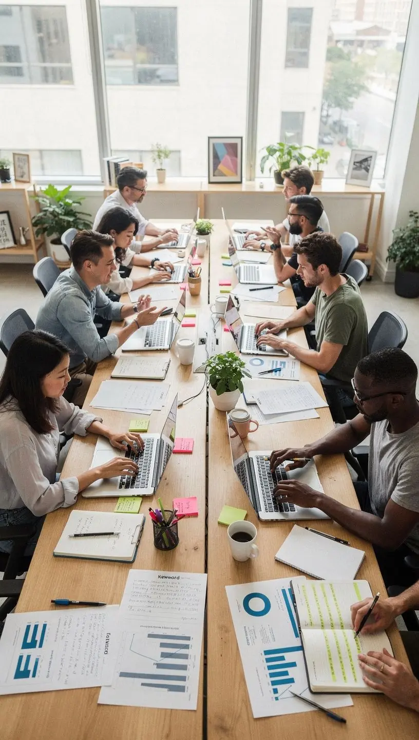 Freelancers collaborating in a shared SEO office space